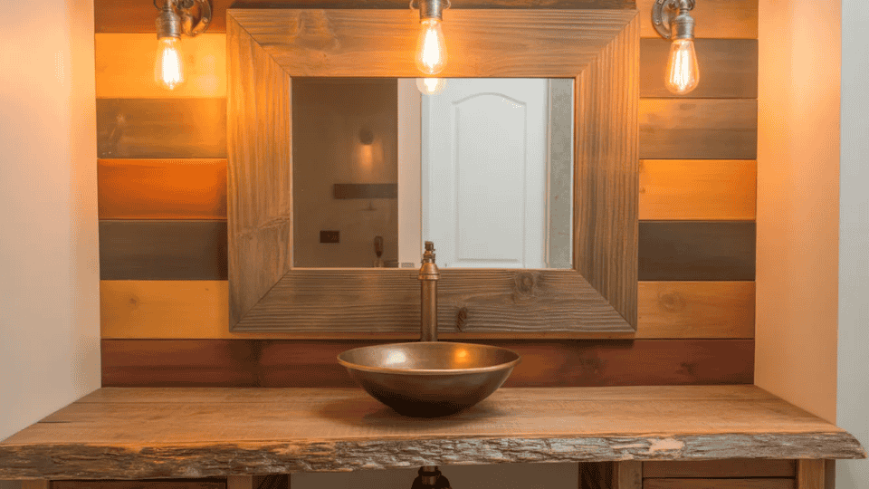 cabin bathroom vanity with wooden framed mirror warm lighting and rustic wood wall interior