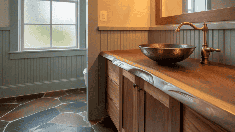 cabin bathroom with earth tone colors wood vanity stone floor and warm rustic design