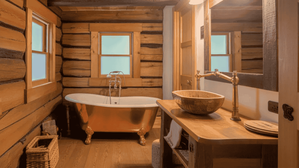 cabin bathroom with exposed timber ceiling beams wooden walls and cozy rustic style
