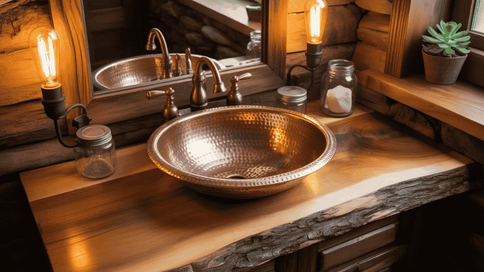 cabin bathroom with hammered copper sink wooden vanity and warm rustic design