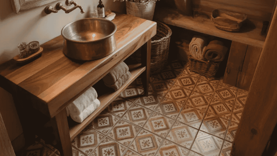 cabin bathroom with patterned rustic floor tiles wooden vanity and warm interior