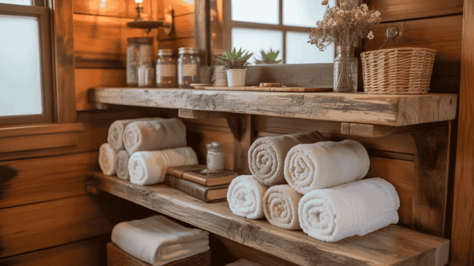 cabin bathroom with reclaimed wood shelves storing towels and decor against rustic wooden walls
