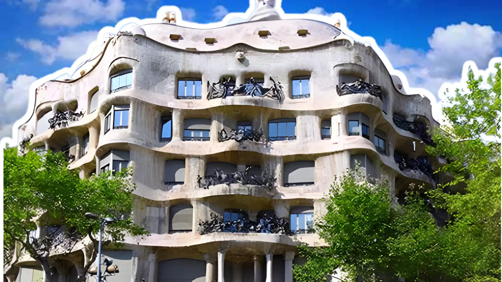 casa milà la pedrera barcelona spain highlights the wavy stone walls and dark iron balconies of gaudí’s urban design