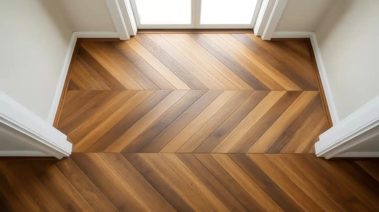 chevron pattern wood flooring installed at entryway, creating angled plank layout with contrasting warm tones