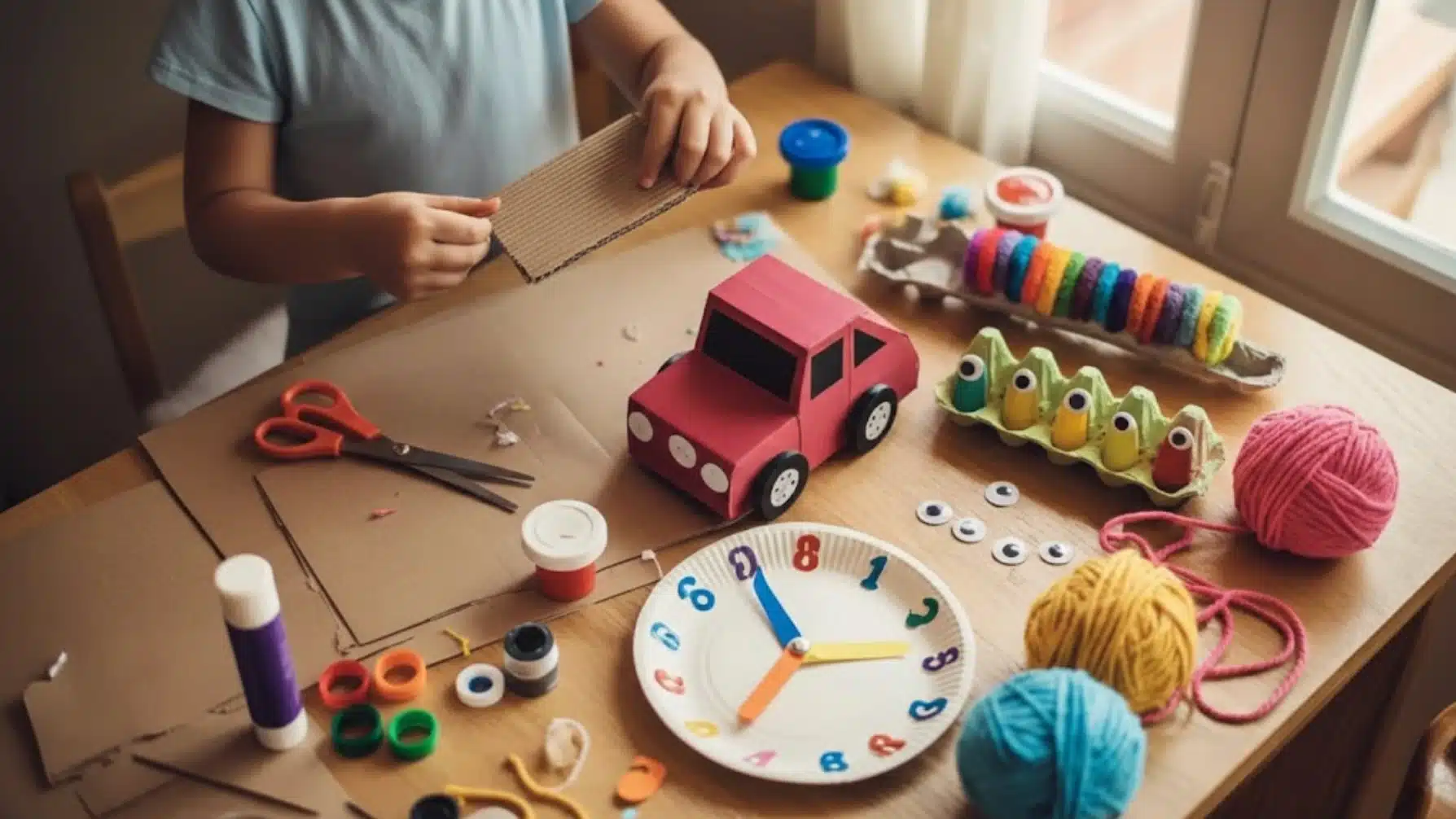 child making diy toys at table with cardboard car, paper plate clock, yarn, egg carton crafts, scissors and glue