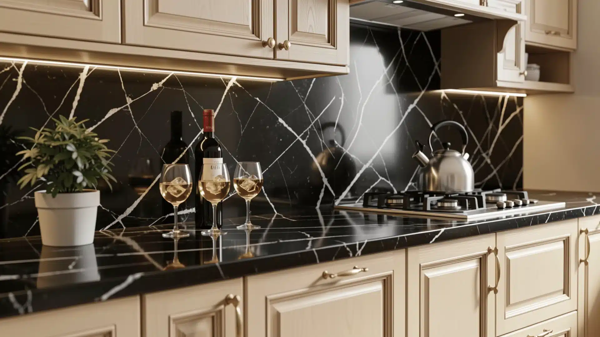 close-up, eye-level shot showcases a sleek kitchen countertop and backsplash
