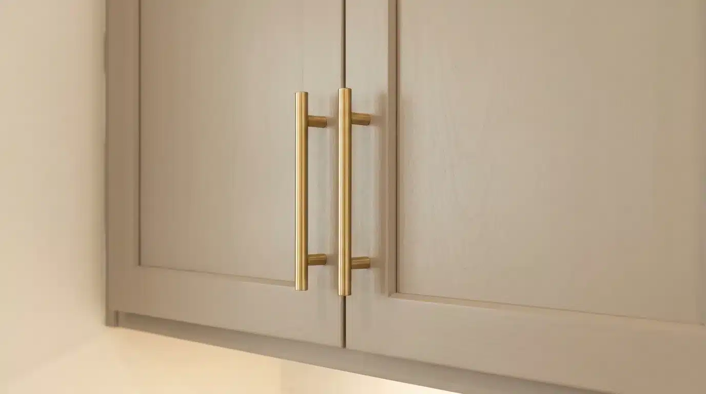 close up of beige cabinet doors with brushed brass bar handles in modern neutral kitchen design