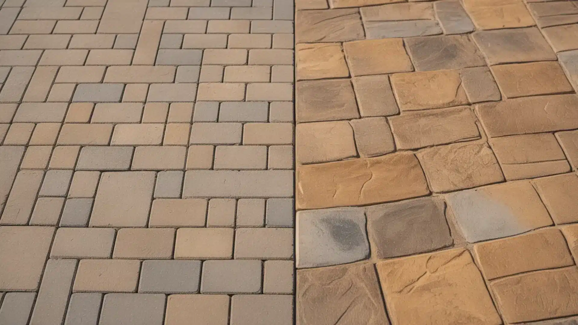 close-up of herringbone brick pavers beside irregular natural stone pavers with textured surface detail