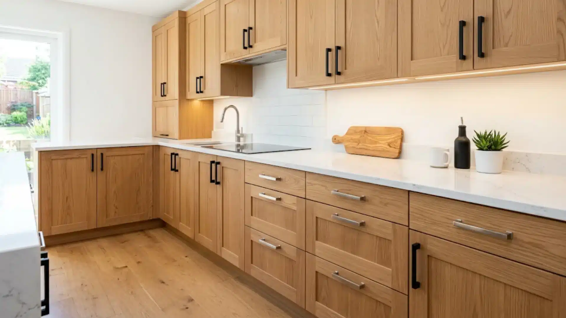 close up of oak kitchen cabinets with silver handles showing how to swap out the hardware for a modern kitchen look