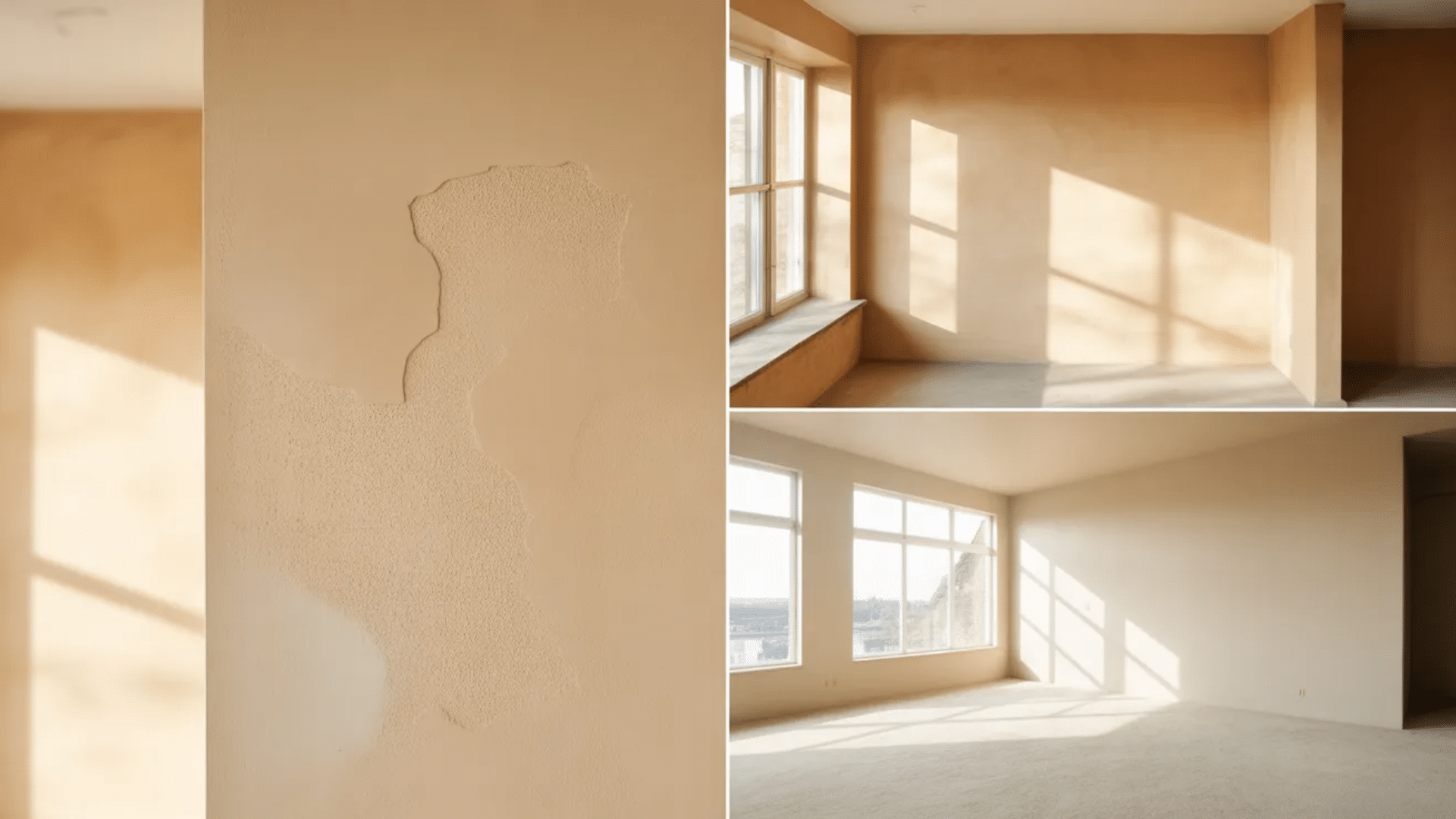 collage showing benefits of flat paint, close-up of a wall where imperfections appear softened, and bright rooms with smooth, even, no-glare flat-painted walls under natural sunlight