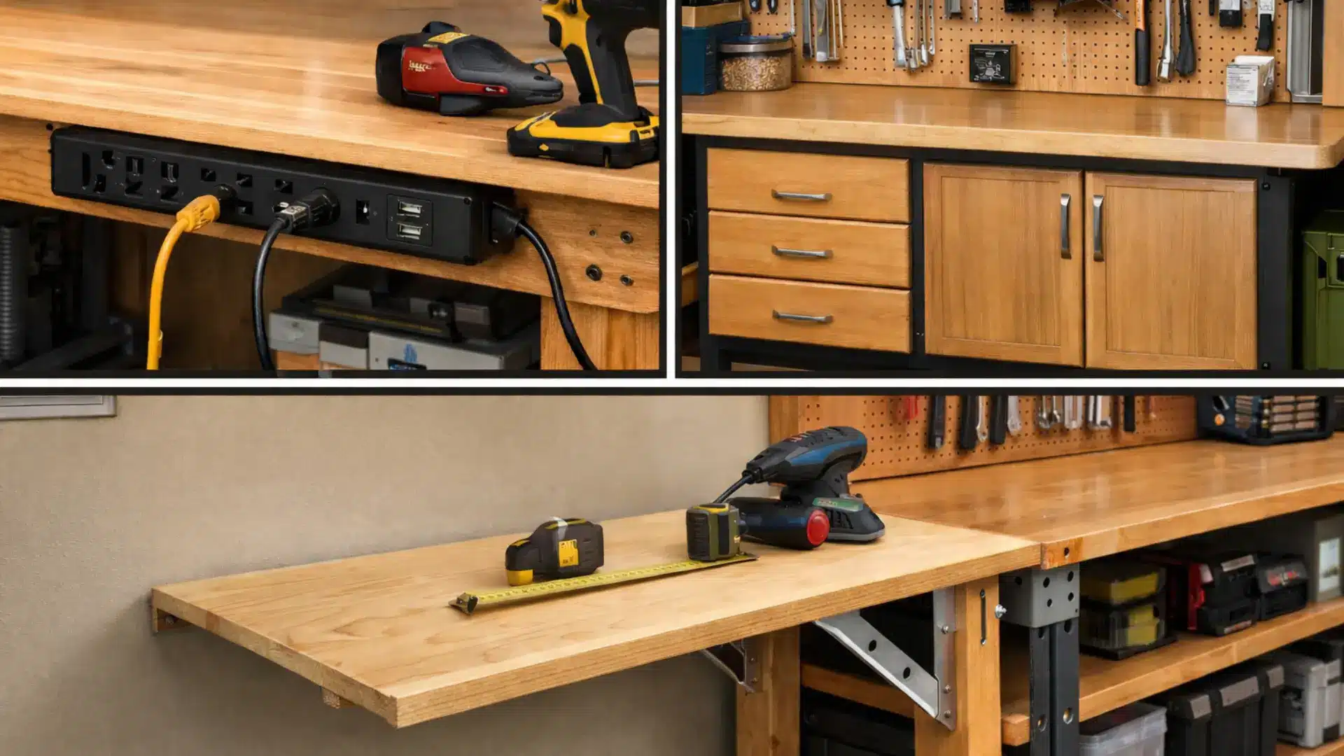 collage shows a workbench with a power strip, wooden drawers, and a folding table extension with tools on top
