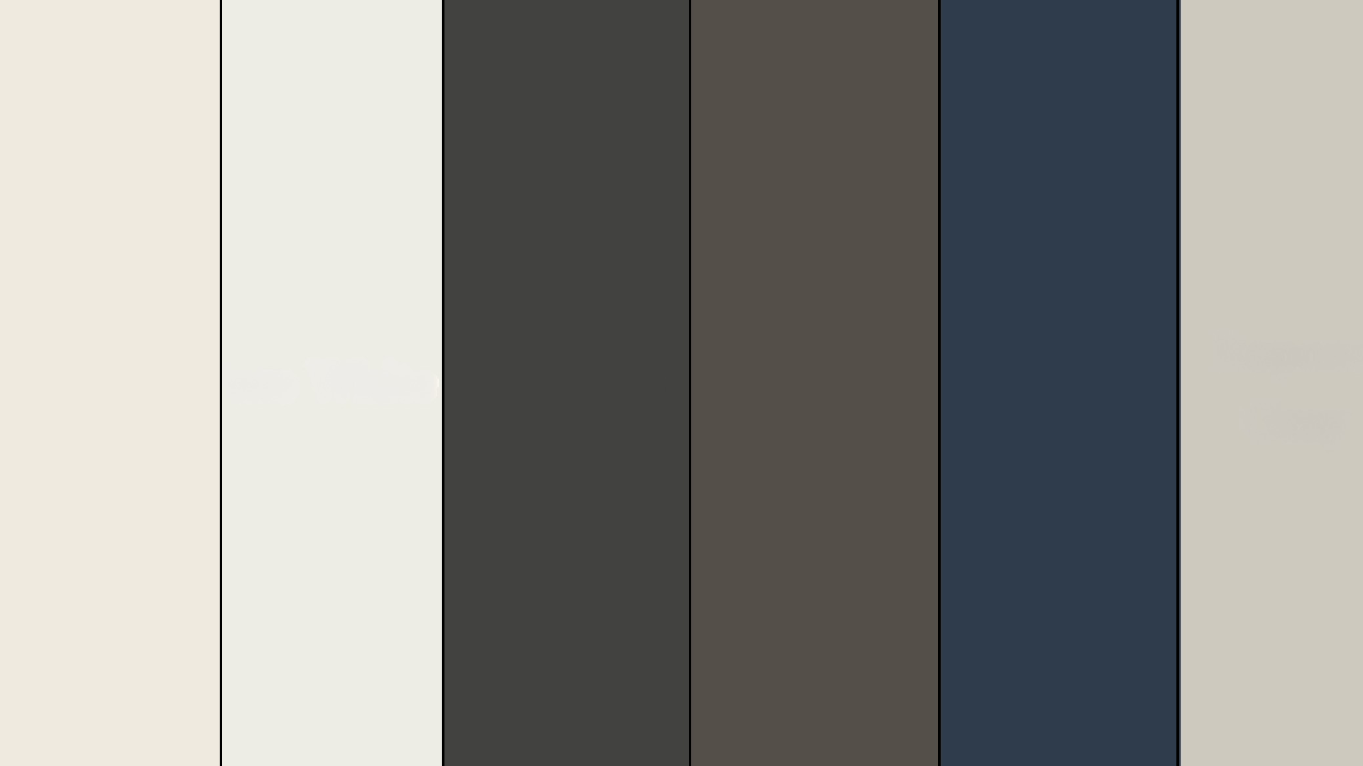 color palette featuring six vertical swatches in neutral tones cream, off-white, dark charcoal, taupe, navy blue, and light grey
