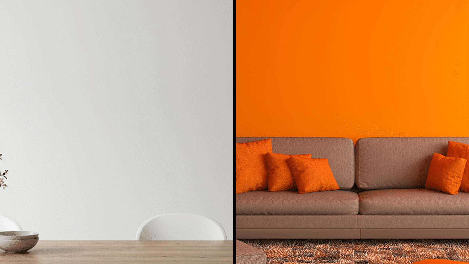 comparison showing a minimalist room with a white wall on the left and a vibrant orange wall on the right with a brown sofa and orange pillows