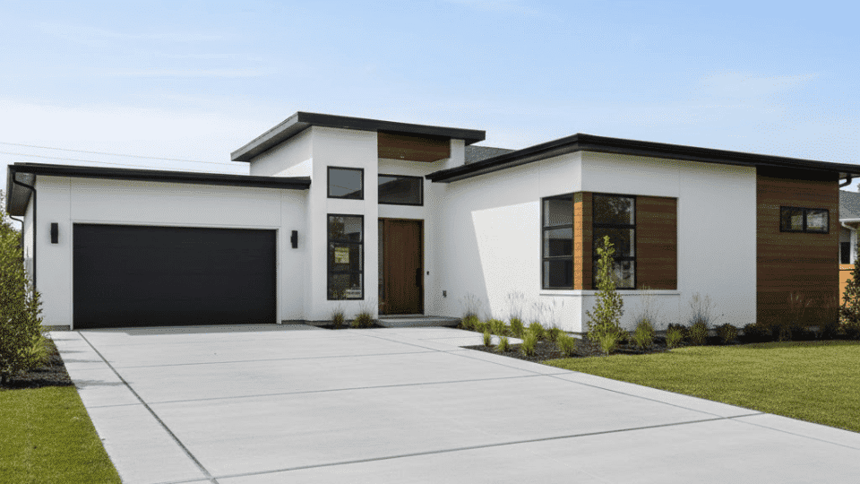 concrete driveway with metal inlays in front of modern single story home