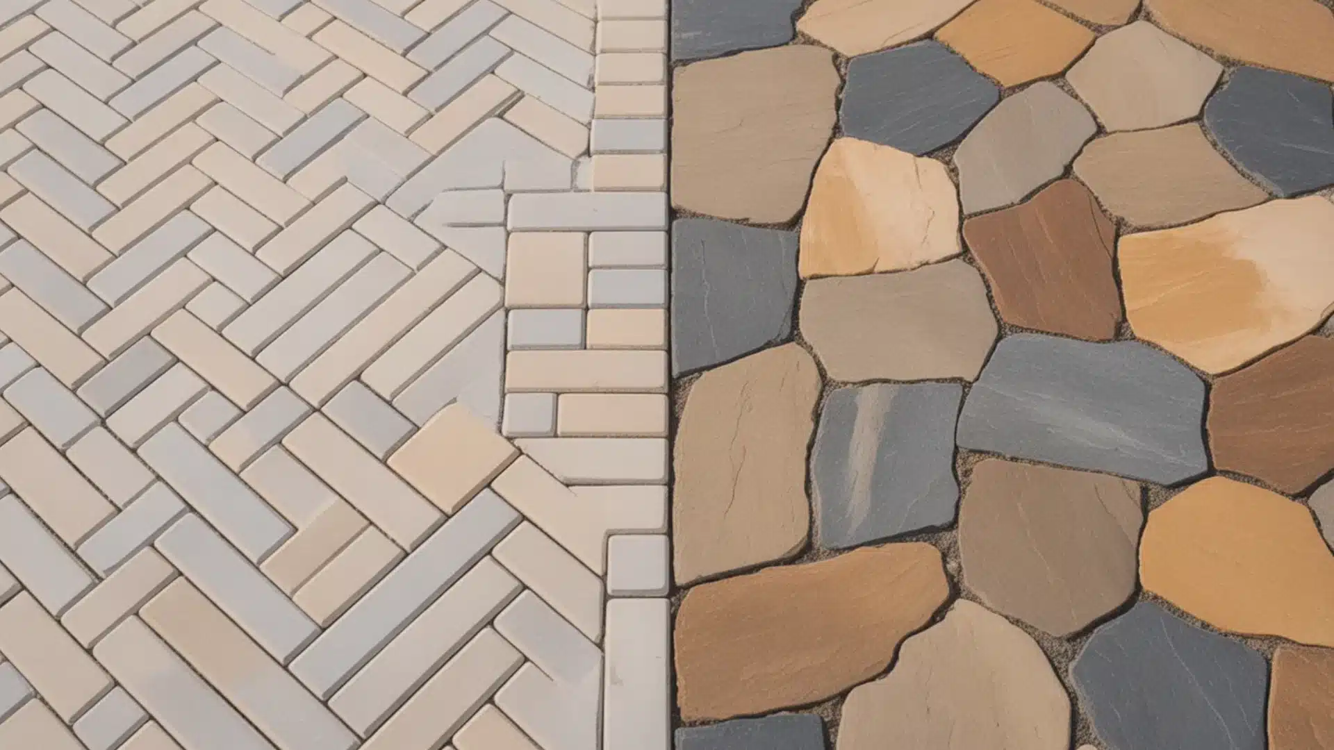 corner detail showing herringbone brick pavers meeting irregular natural stone paving with transition strip and textures
