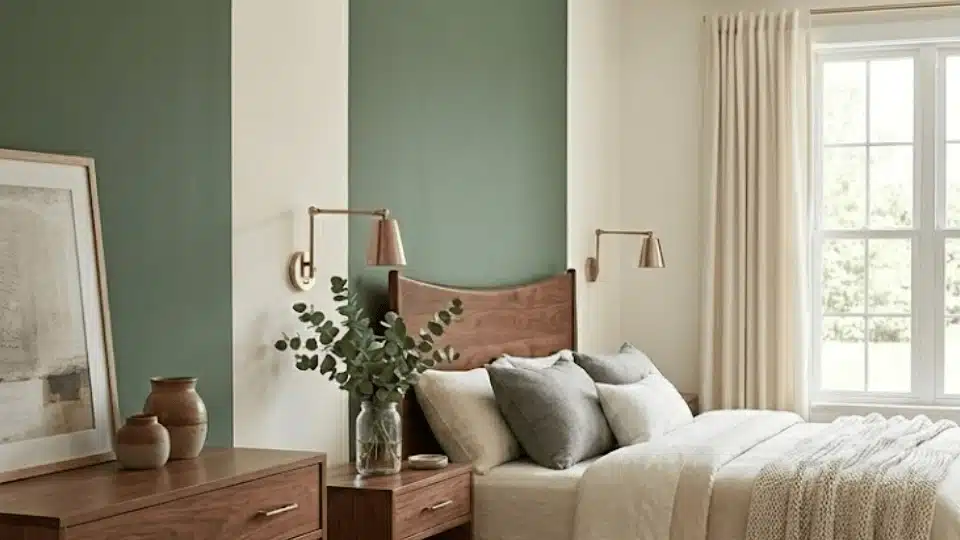 cozy bedroom featuring a rosemary green accent wall behind a walnut wood bed with neutral beige linens.