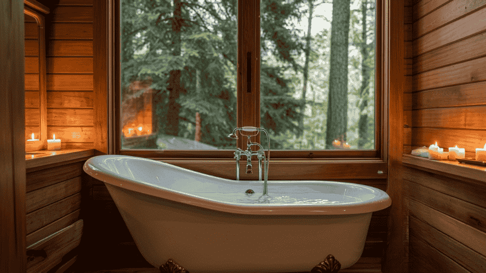 cozy cabin bathroom with freestanding bathtub wooden walls soft lighting and relaxing forest view
