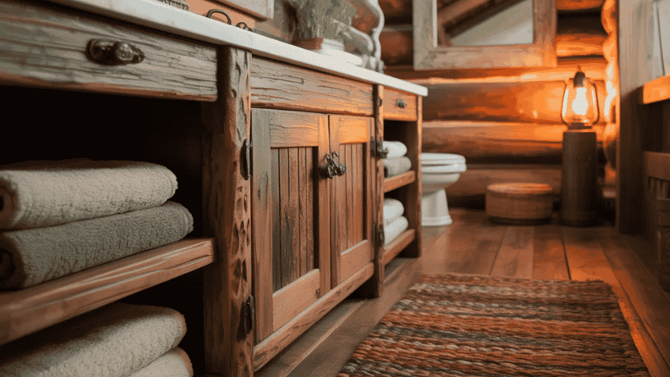 cozy cabin bathroom with soft towels woven rug and rustic wooden interior