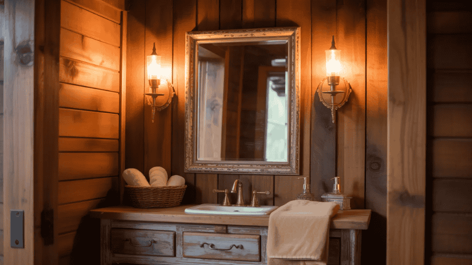 cozy cabin bathroom with warm lighting wood walls vintage mirror and relaxing rustic atmosphere