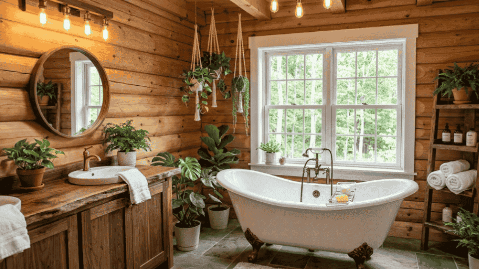 cozy rustic cabin bathroom with wood walls freestanding tub stone floor wooden vanity warm lighting and natural decor