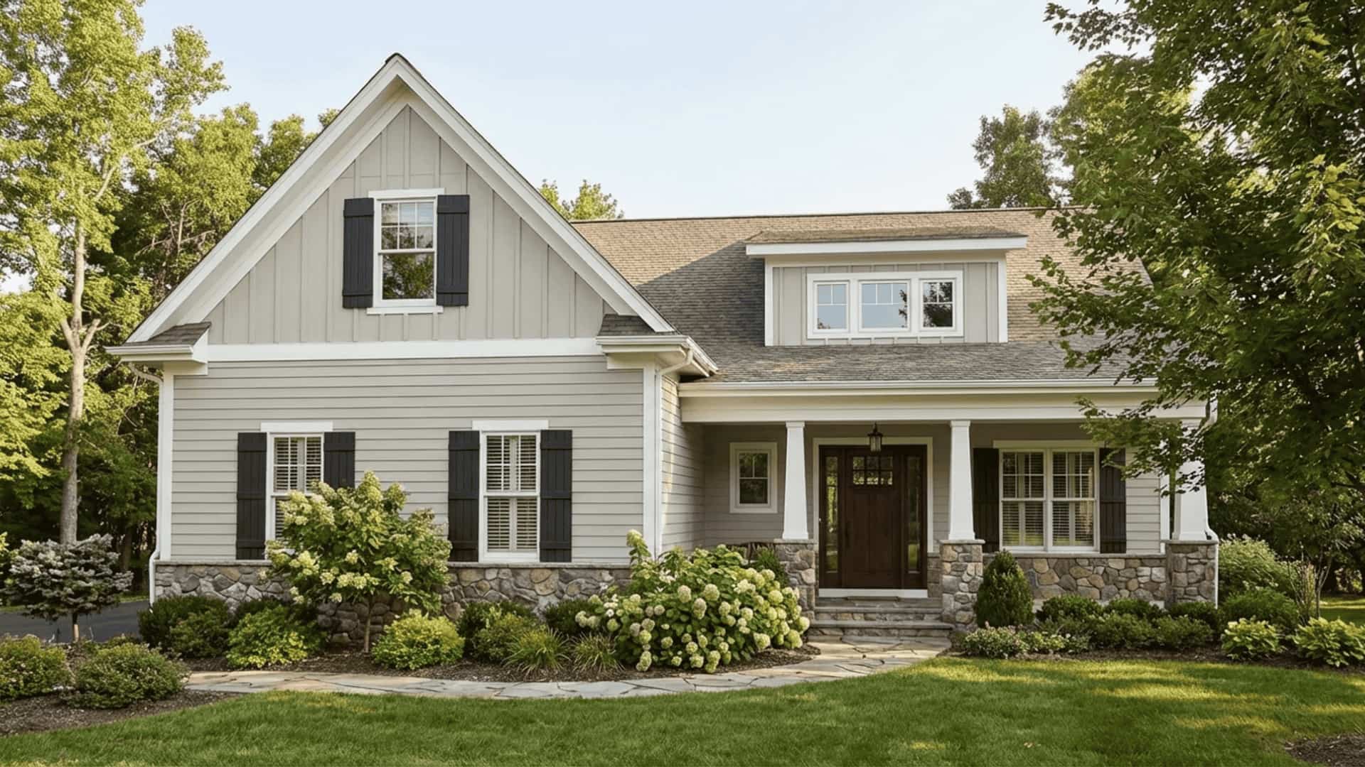 craftsman home exterior in sw repose gray with white trim, charcoal shutters, dark door, and green landscaping