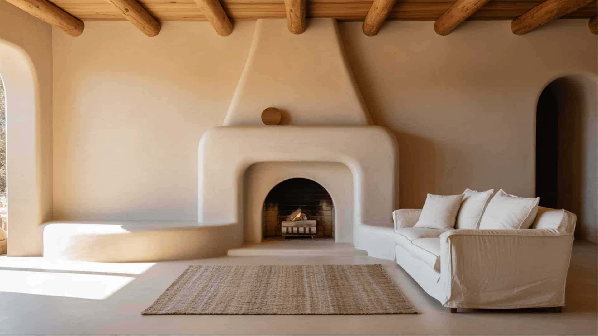 curved adobe plaster fireplace with arched opening, exposed wood beam ceiling, white sofa and southwestern style living room