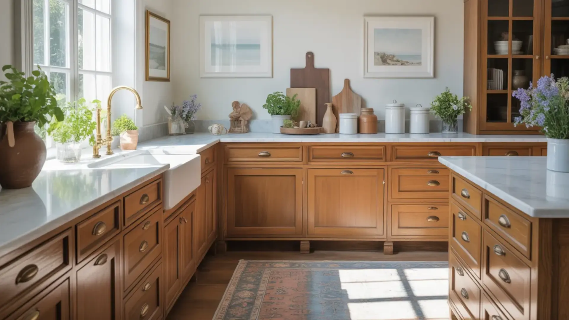 decorate with modern accessories and styling on your oak kitchen cabinets with wood boards and potted herbs
