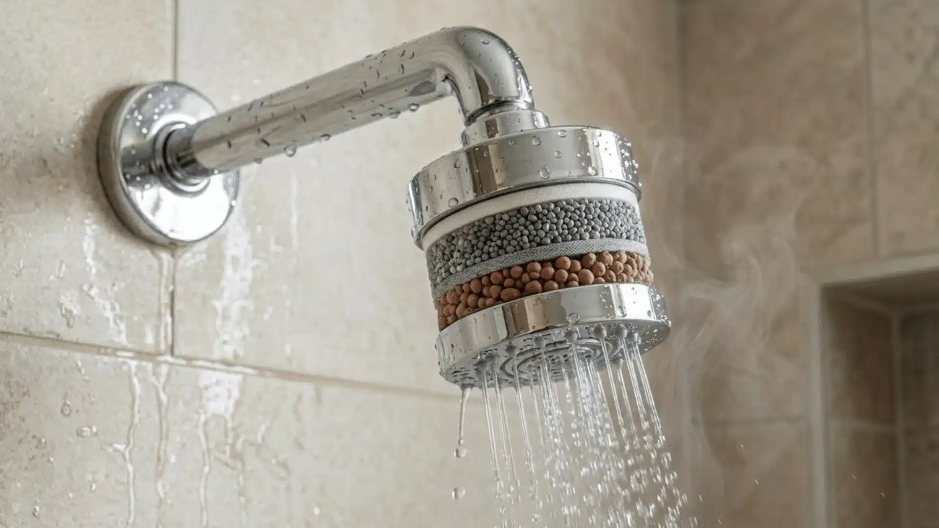 detailed product photograph of a modern chrome shower head with a cutaway view showing its internal filtration