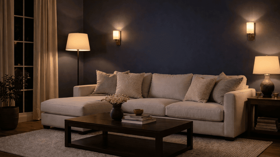 dim living room with Sherwin Williams Indigo Batik blue walls, beige sofa, dark wood table, and warm lamps creating a cozy, moody look