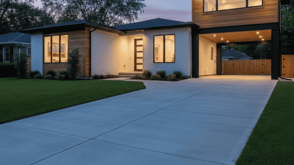 driveway to walkway design with smooth concrete leading to modern home at dusk