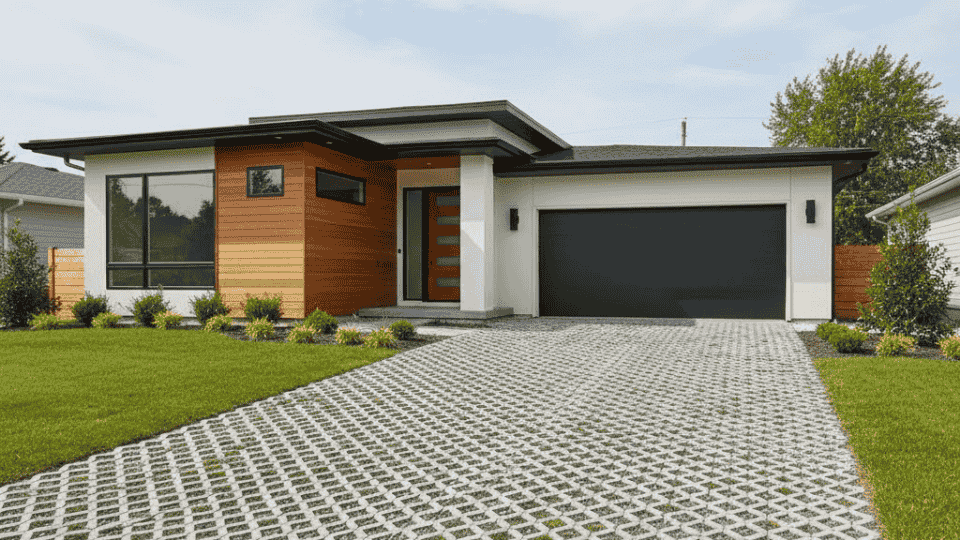 eco friendly grid system driveway with grass filled pavers in front of modern home
