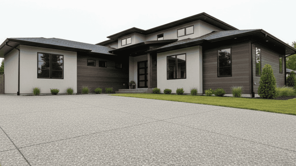 exposed aggregate concrete driveway in front of modern single story home with clean lines