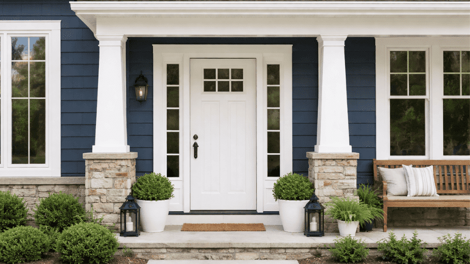 exterior of a house with Indigo Batik blue siding, white trim, stone porch columns, and landscaped front yard