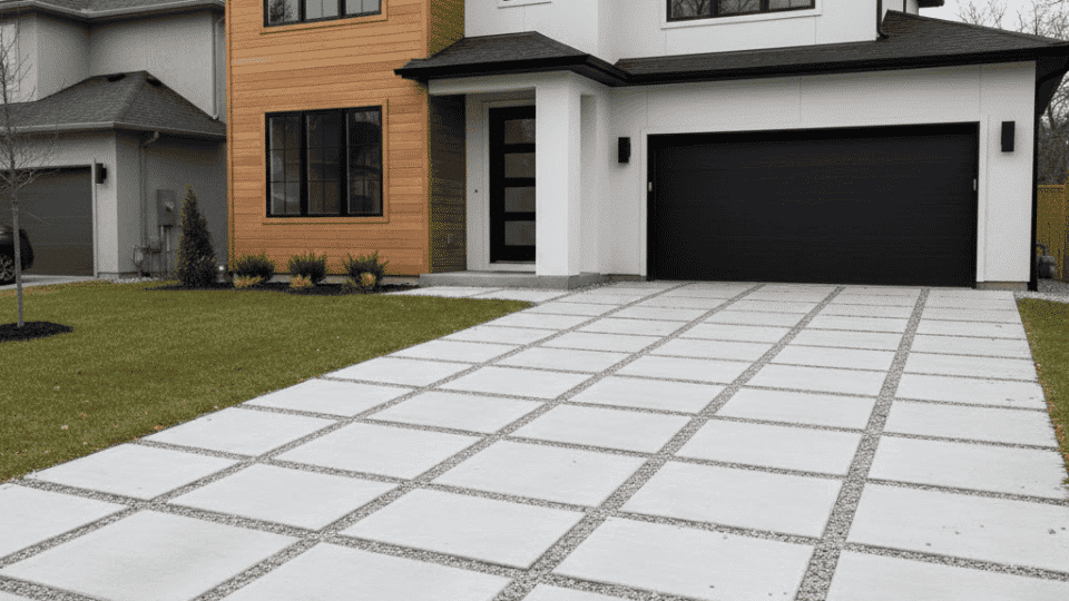 floating concrete squares with gravel joints driveway in front of modern two story home