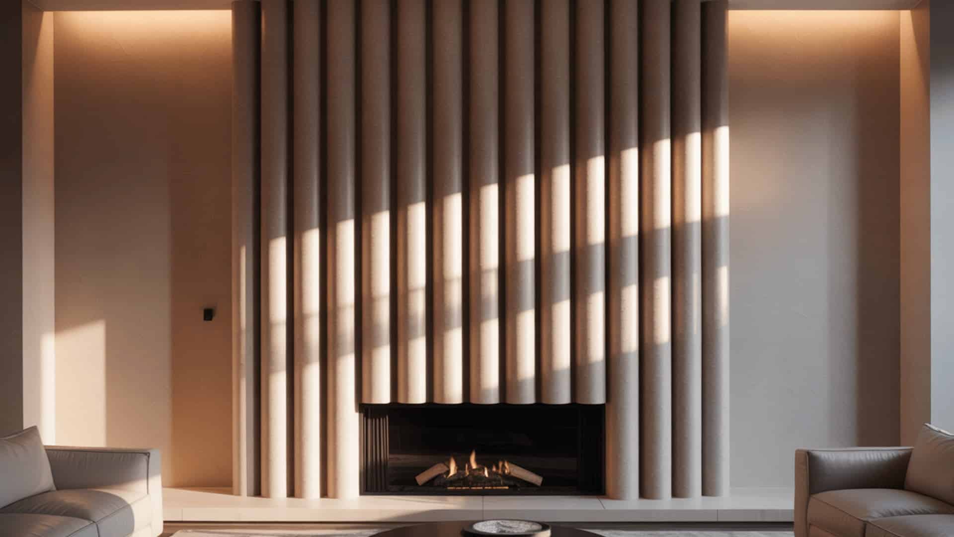 fluted plaster fireplace with vertical grooves, backlit design, modern gas insert and minimalist neutral living room