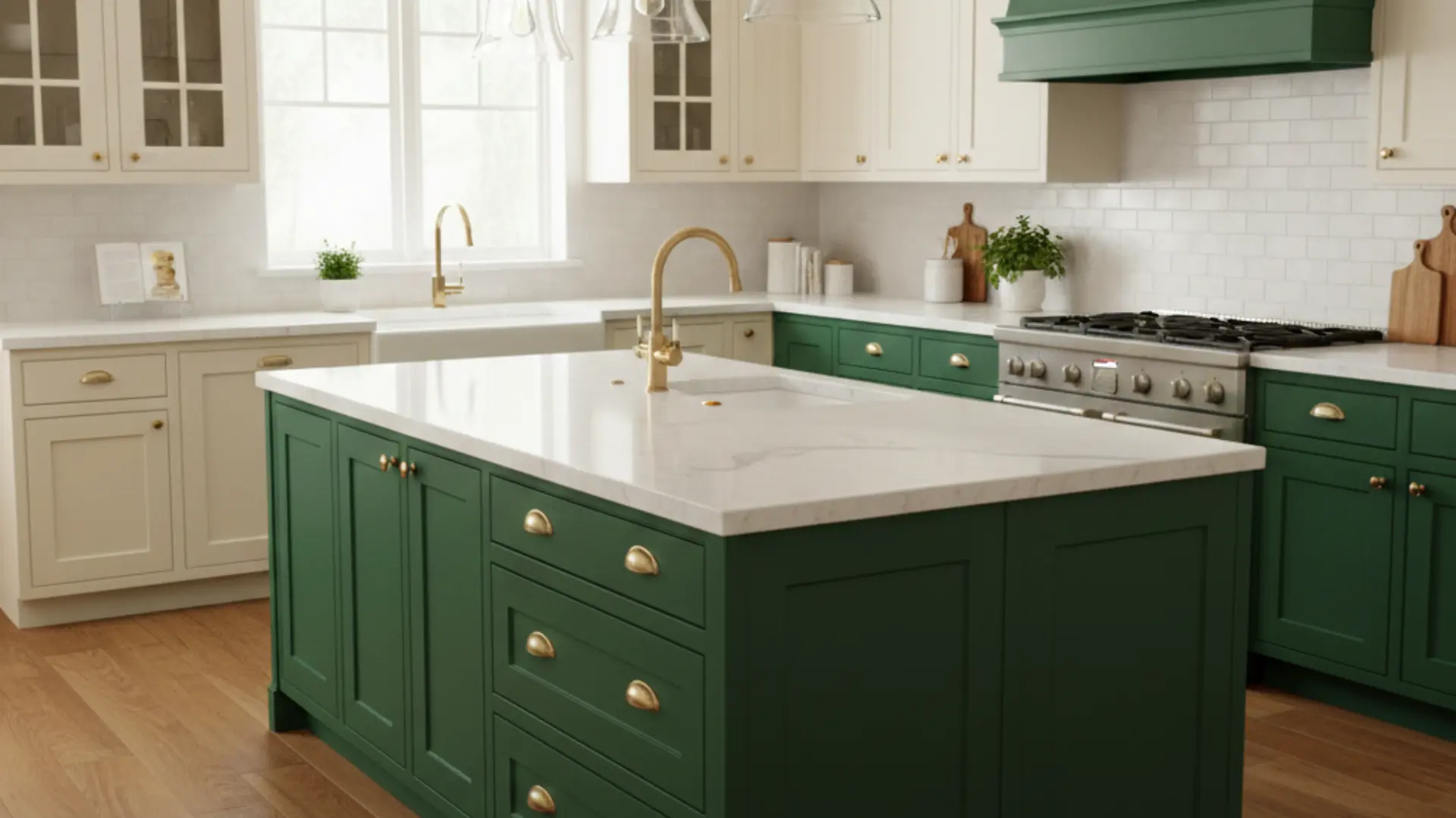 forest green and white kitchen with a marble-topped island, subway tile backsplash, and brushed gold hardware