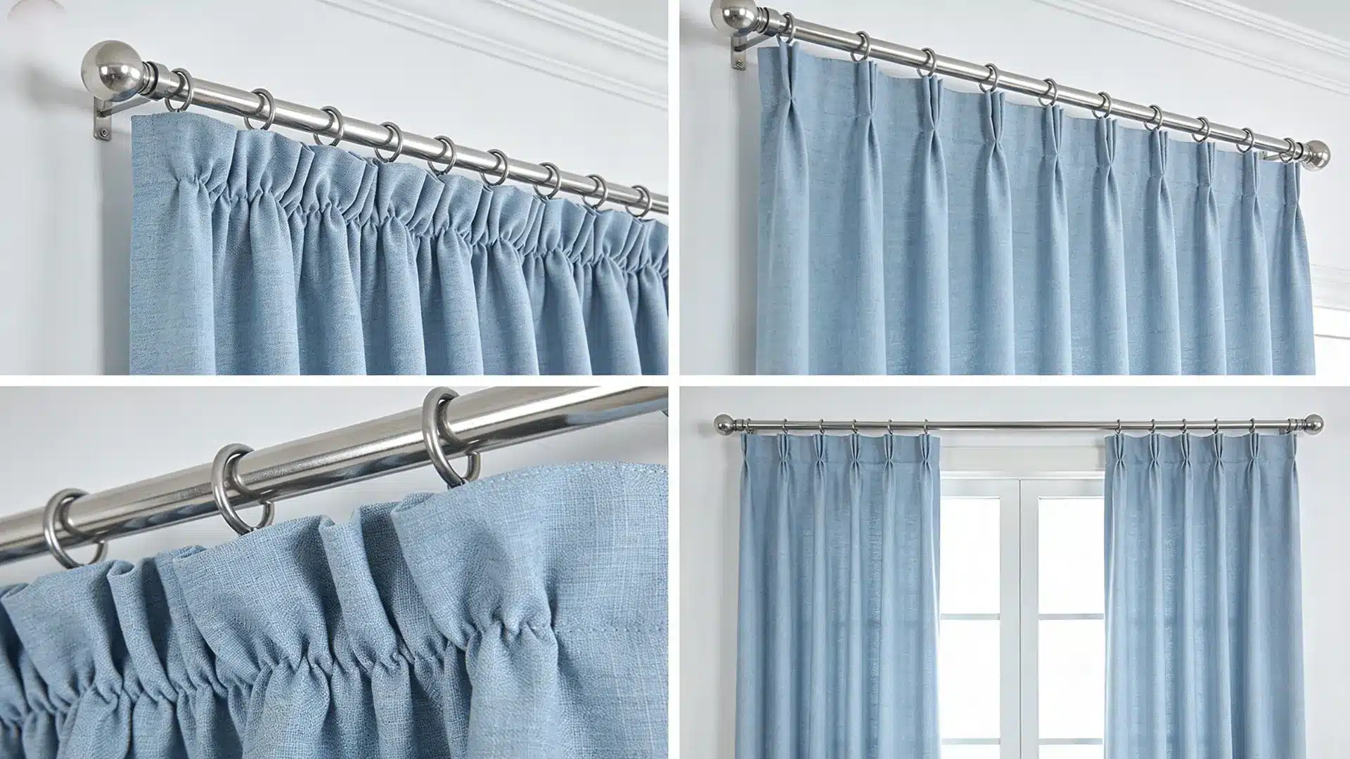 four-panel photo of light blue linen curtains on a silver rod; top-left gathered ruffled heading, numbered pink circle