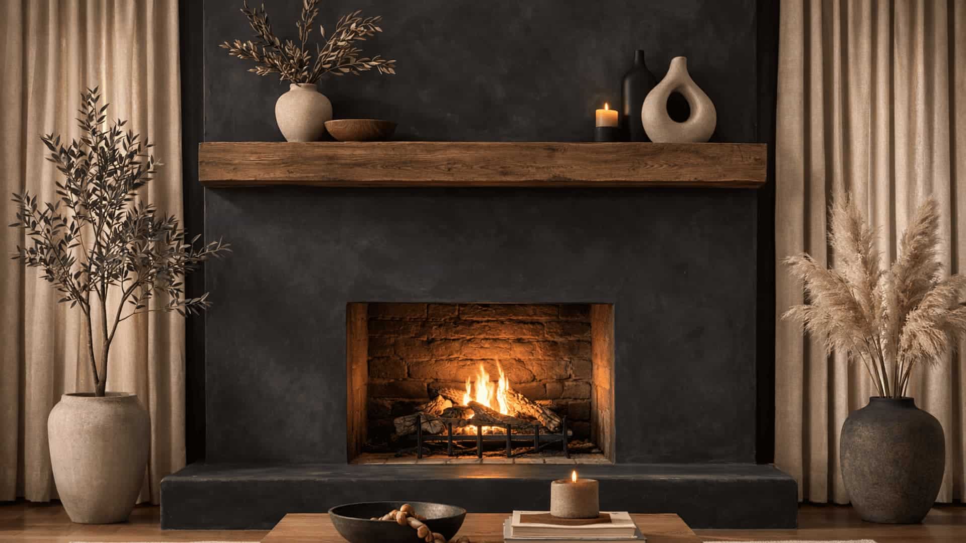 front facing dark plaster fireplace with wood mantel, neutral curtains and modern decor in cozy living room