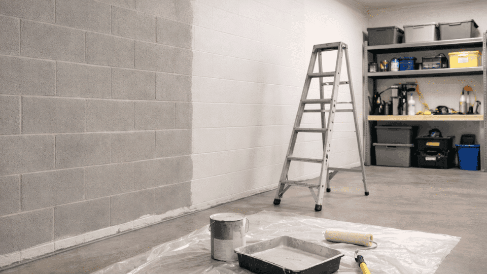 garage interior with partially painted concrete wall, ladder, paint tray, and roller on plastic sheet