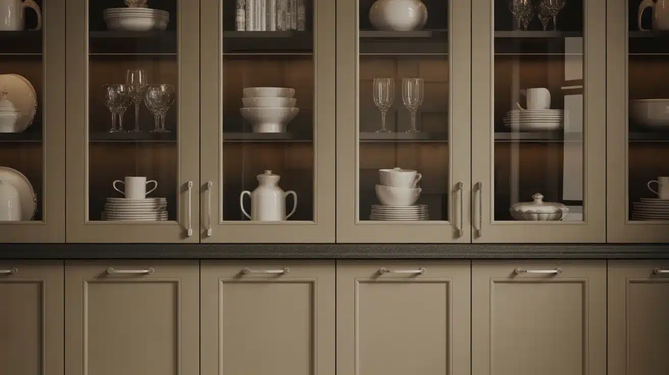 glass cabinet with beige frames with white dishes, bowls, cups, glassware, and decorative pottery on wooden shelves