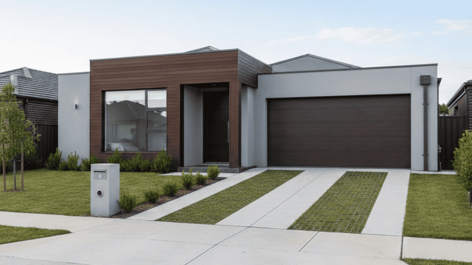 grass strip driveway with concrete tracks in front of modern single story home