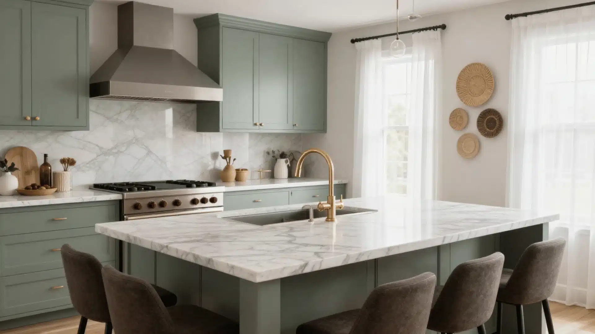 green cabinets and marble countertops, foreground emphasis on veined marble countertop and gold faucet sink at island