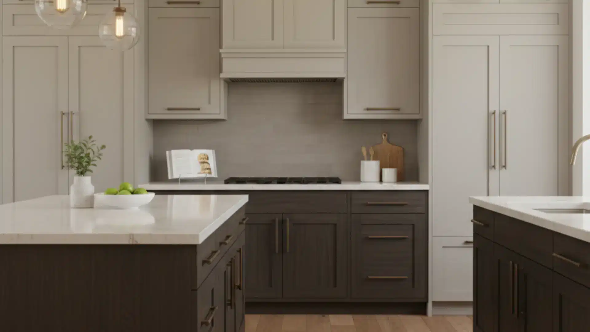 greige and dark brown wood kitchen with a waterfall island, marble countertops, and warm globe pendant lights