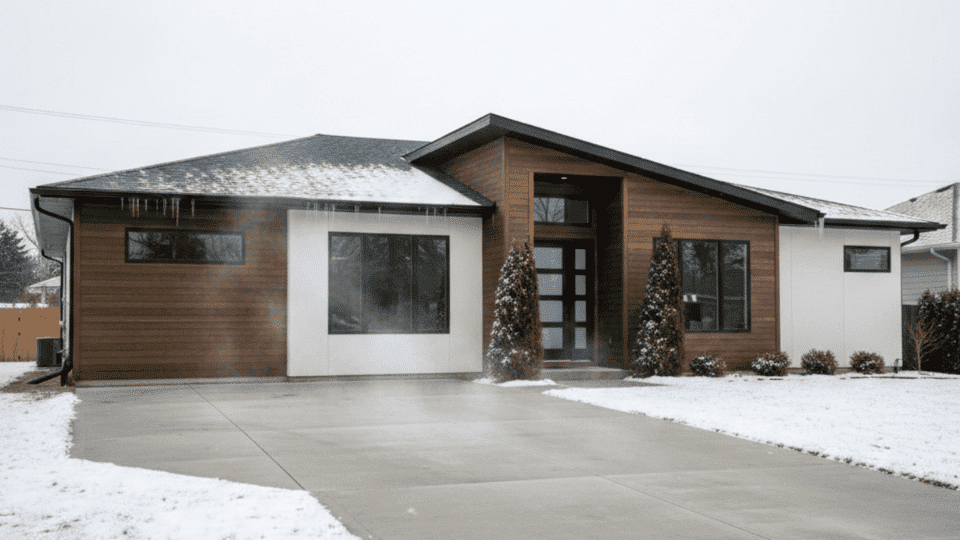 heated modern concrete driveway melting snow in front of contemporary home in winter