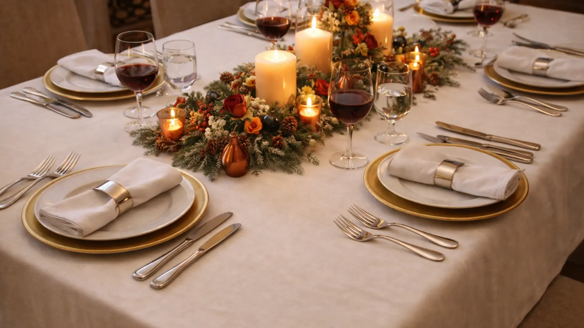 holiday or thanksgiving table setting with candles, floral centerpiece, red wine, and gold-rimmed plates on a white cloth
