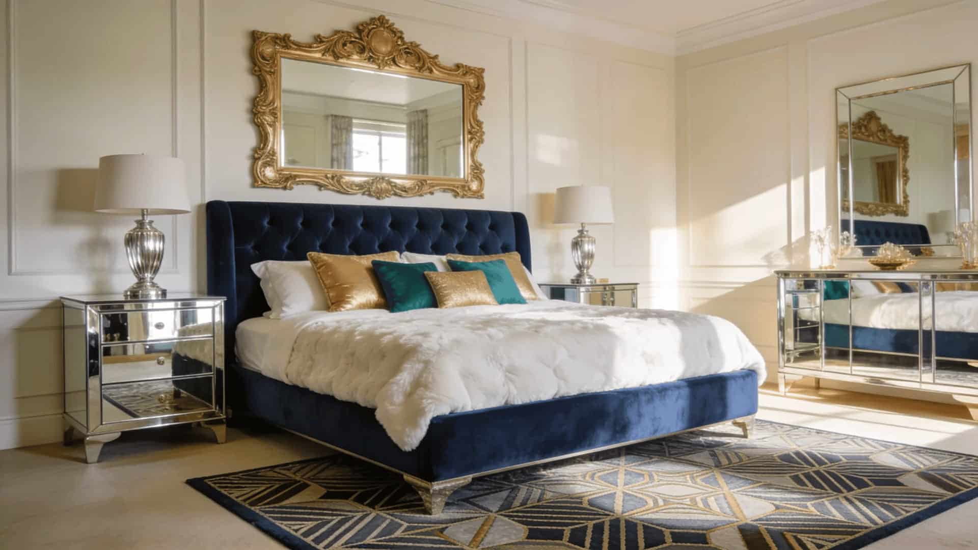 hollywood regency bedroom with tufted headboard, mirrored nightstands, gold accents, and plush velvet pillows