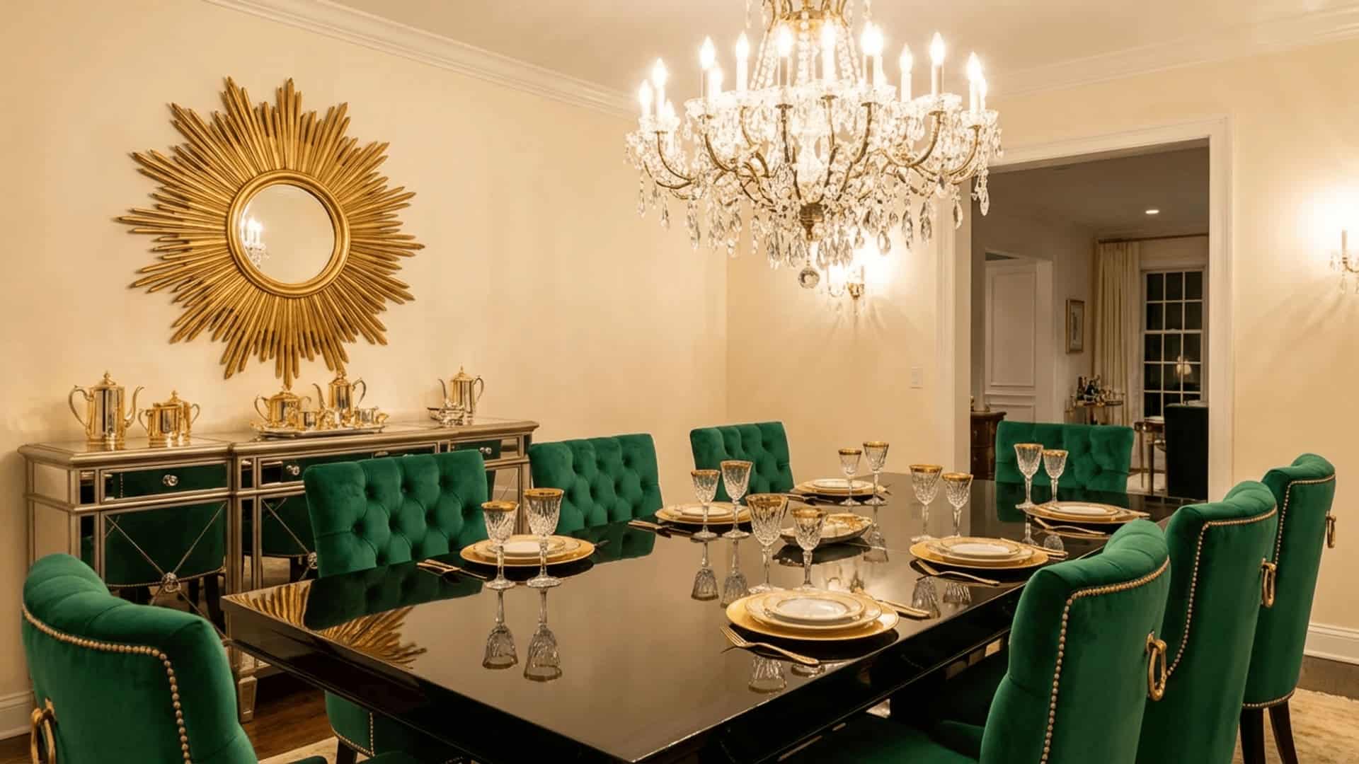 hollywood regency dining room with lacquered table, velvet chairs, crystal chandelier, and gold tableware