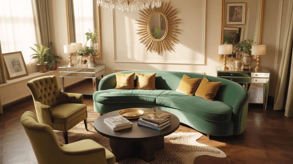 hollywood regency living room with emerald curved sofa, sunburst mirror, gold accents, and mirrored side tables