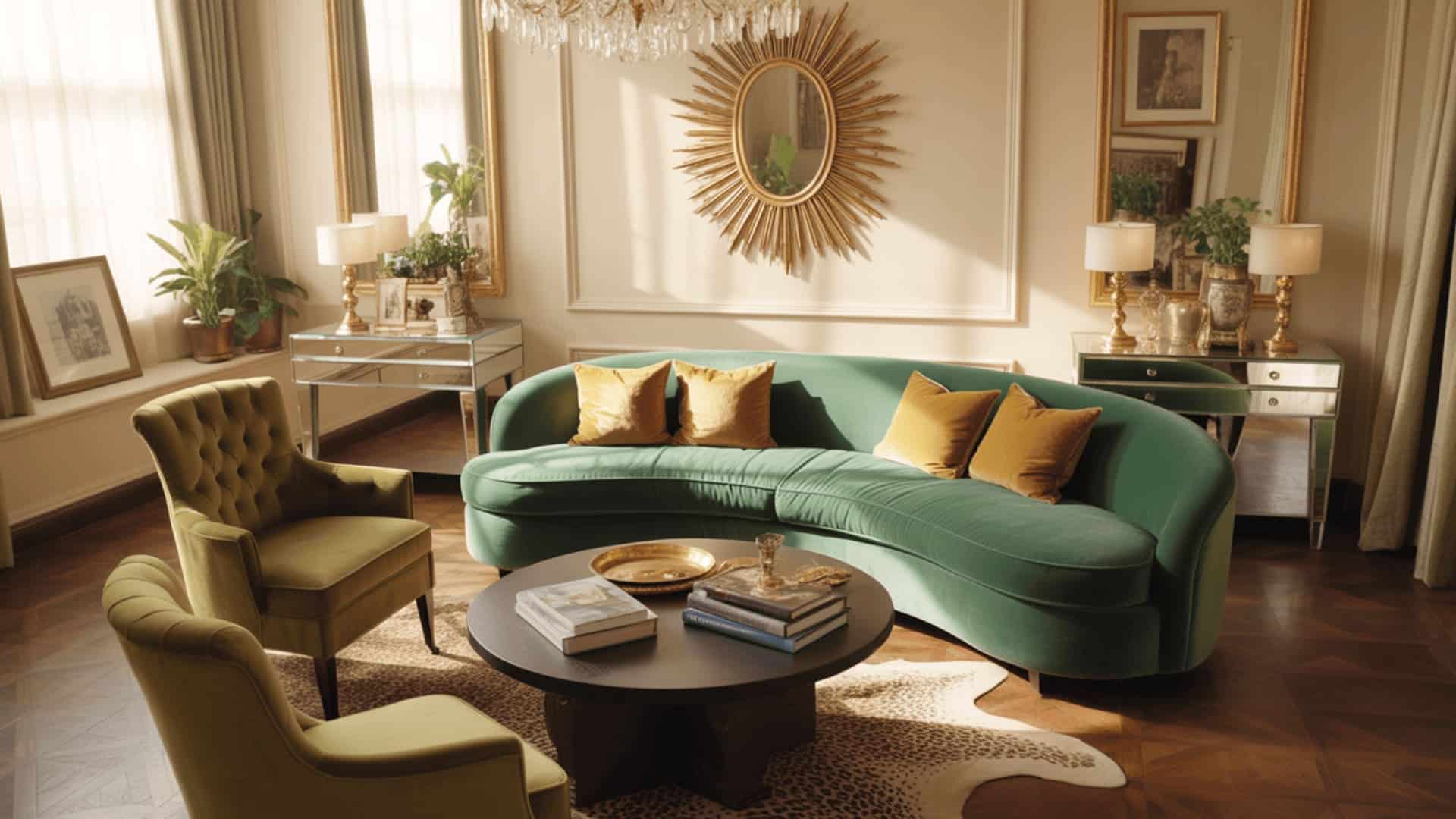 hollywood regency living room with emerald curved sofa, sunburst mirror, gold accents, and mirrored side tables
