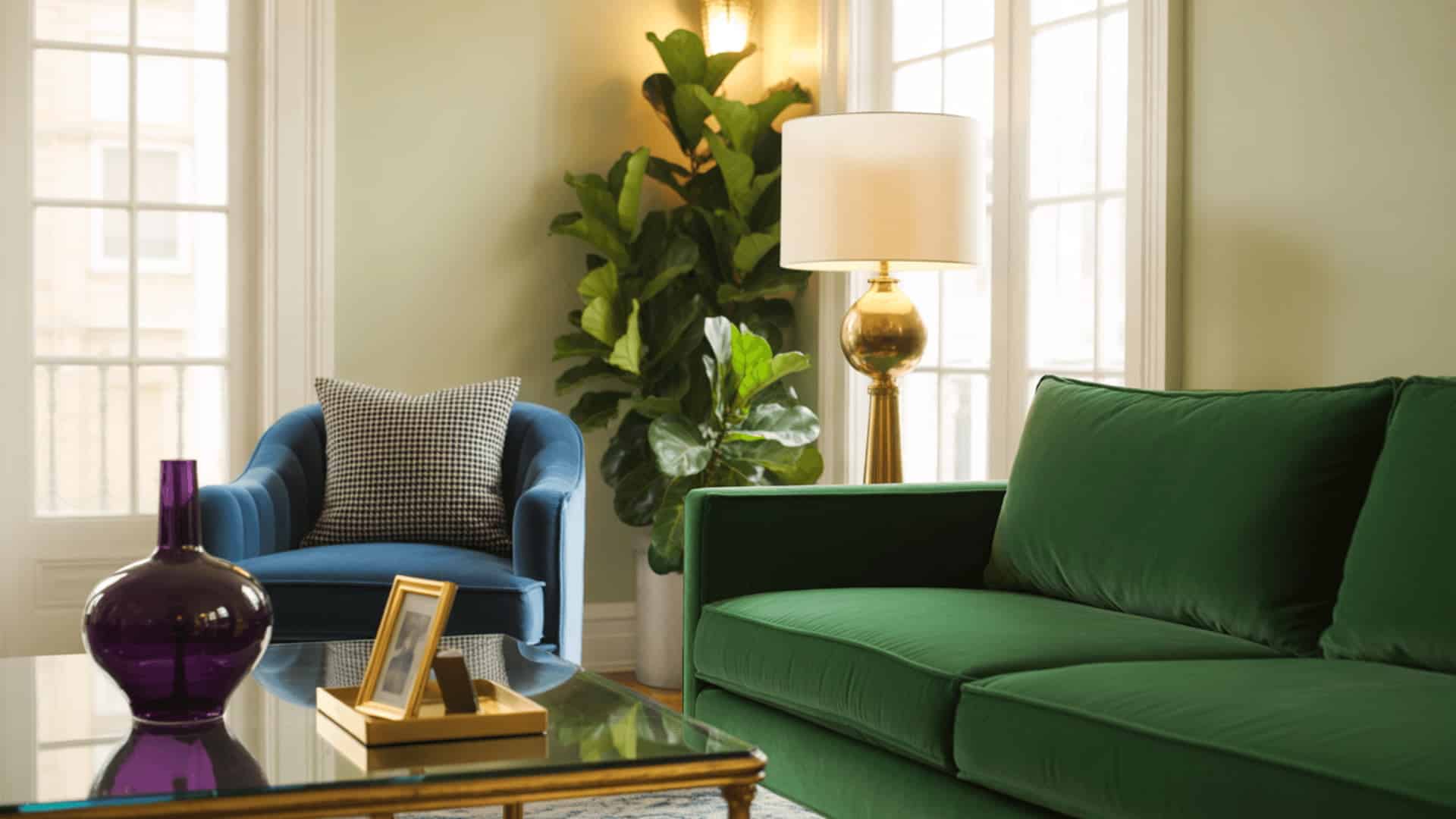 hollywood regency living room with emerald green sofa, sapphire blue chair, purple vase, and brass lamp accents
